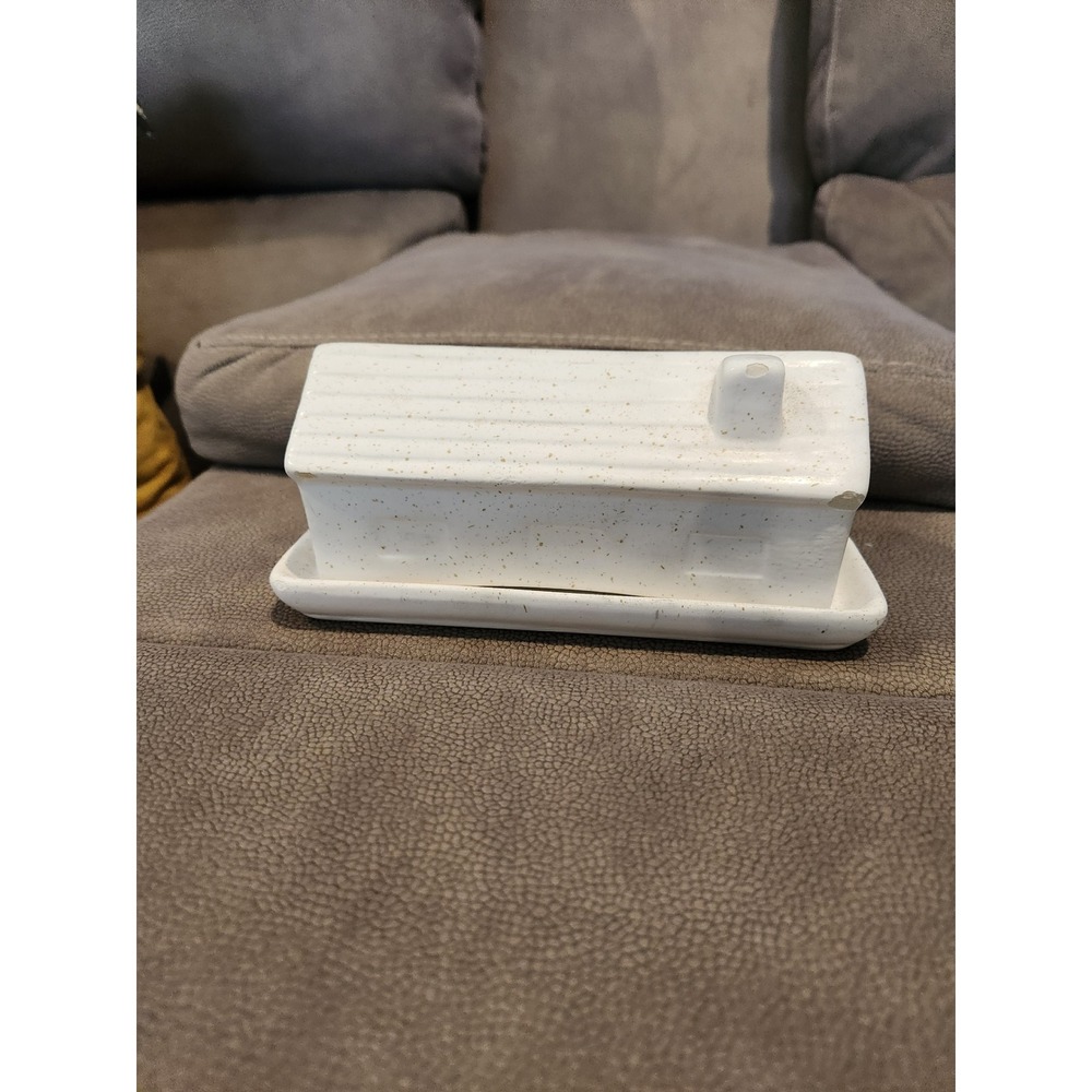 Robert Stanley White Speckled Ceramic Cottage House Butter Dish Farmhouse Decor